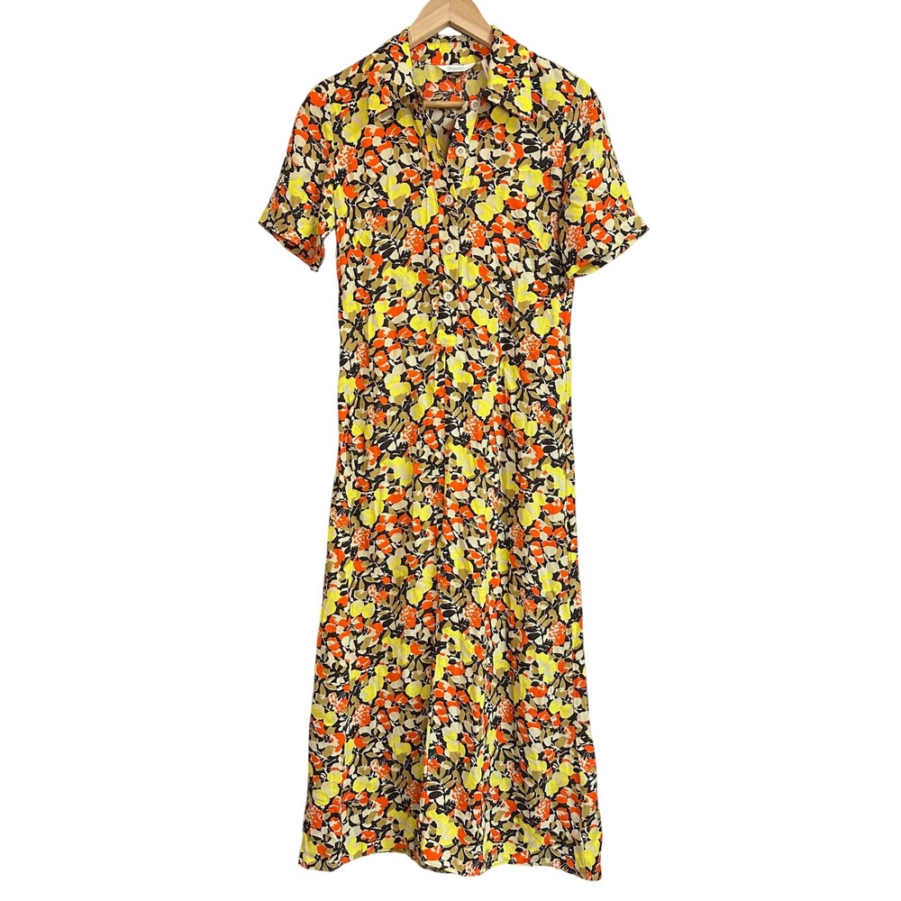 Toast Womens Yellow Orange Floral Short Sleeve Midi Shirt Dress Size 4